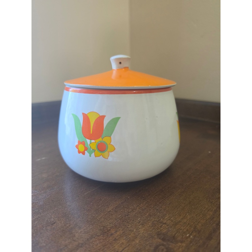 Vintage 1970s Floral Oven Proof Stoneware Pot with Orange Lid & Handle - Retro - Picture 3 of 15